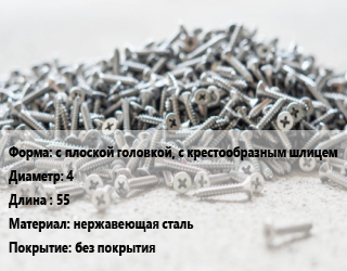 Шуруп с плоской головкой, с крестообразным шлицем 4х55 нержавеющая сталь без покрытия, шт цена от 223.56 Тг / кг, где купить, условия доставки в Шымкенте и Южно-Казахстанской области